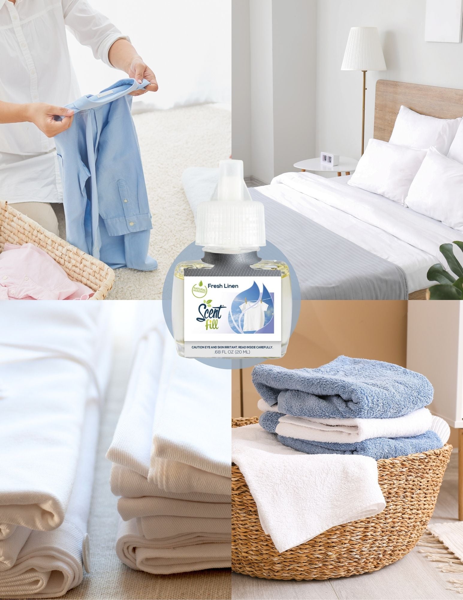 Collage of laundry scenes with a Scent Fill Fresh Linen plug in air freshener refill