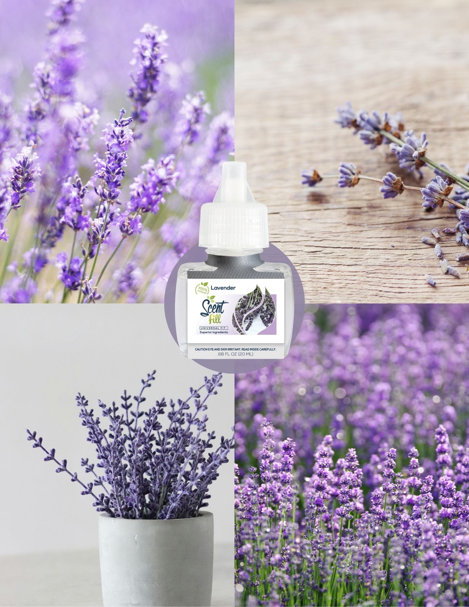 Collage of lavender flowers and a 100% Natural Lavender Scent Fill plug in air freshener refill