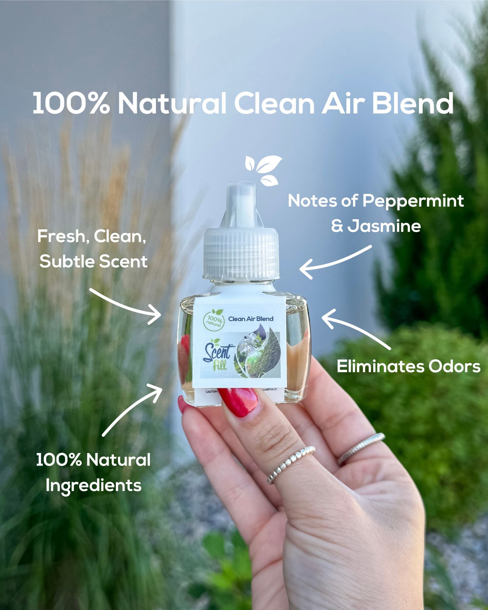 Hand holding a bottle of '100% Natural Clean Air Blend' with text highlighting its features.