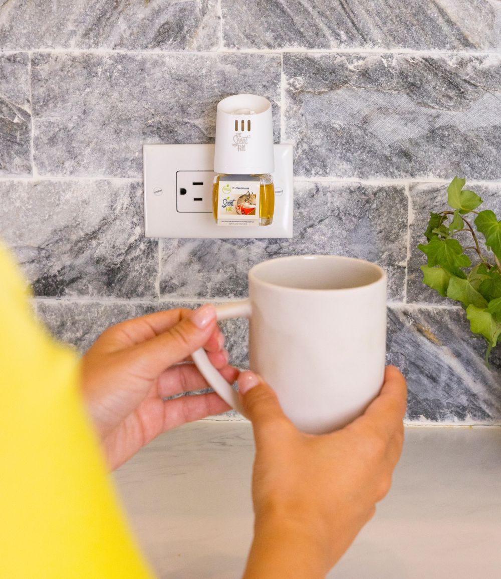 Scent Fill Coffee House Plug in refill natural air freshener plugged into outlet in kitchen woman making cup of coffee NEW Scent