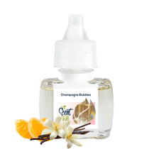 Scent Fill Champagne Bubbles plug-in refill bottle displayed with orange slices, white blossoms, and vanilla beans on a clean white background.