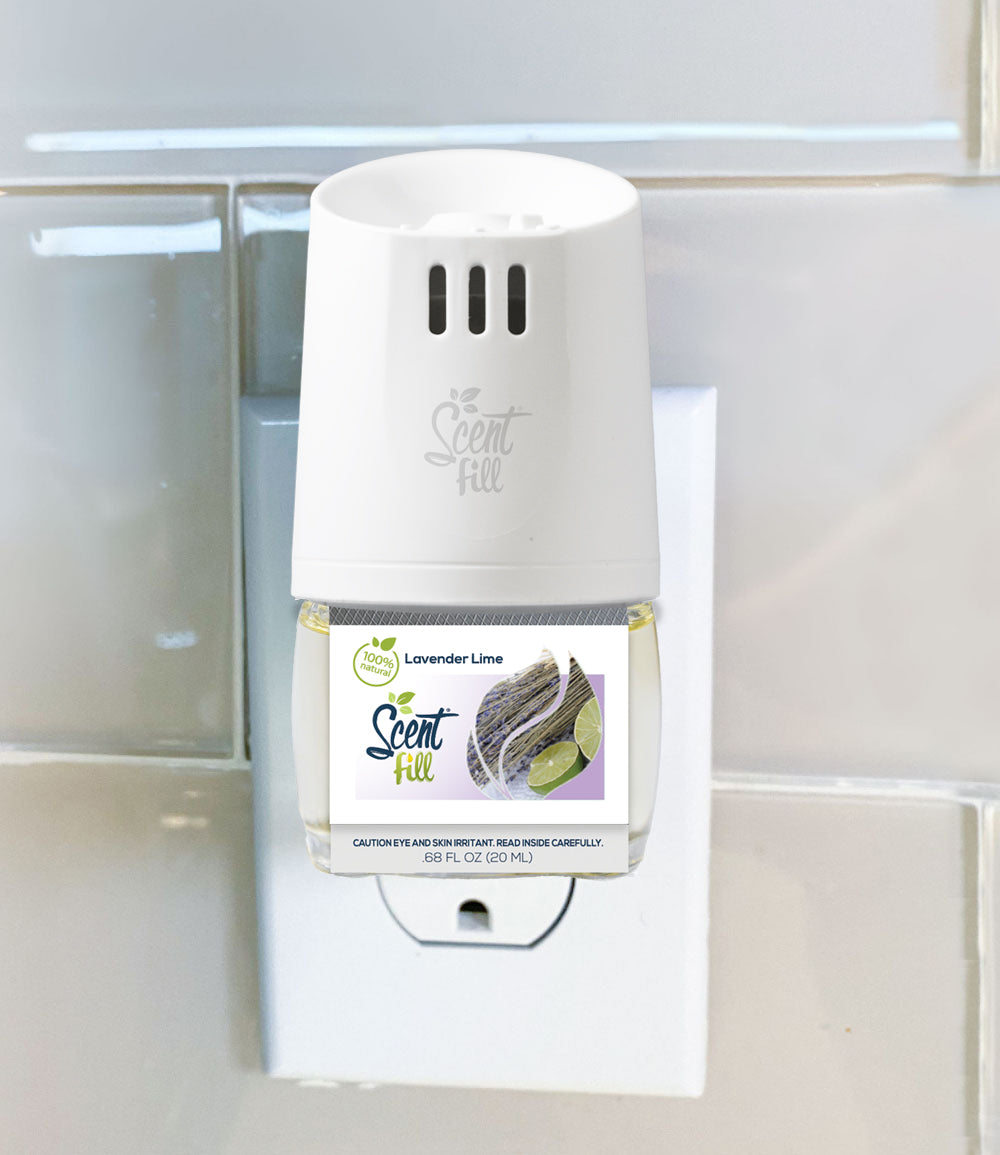 100% Natural Lavender Lime plug in air freshener plugged into a Scent Fill warmer in outlet