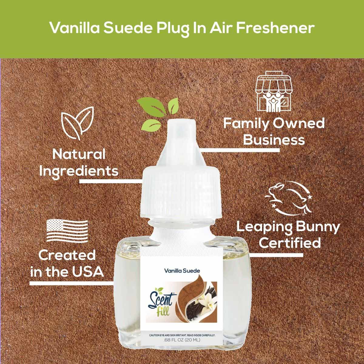 Vanilla Suede Scent Fill plug-in air freshener graphic highlighting natural ingredients, family-owned business, created in the USA, and Leaping Bunny certification around the product bottle.