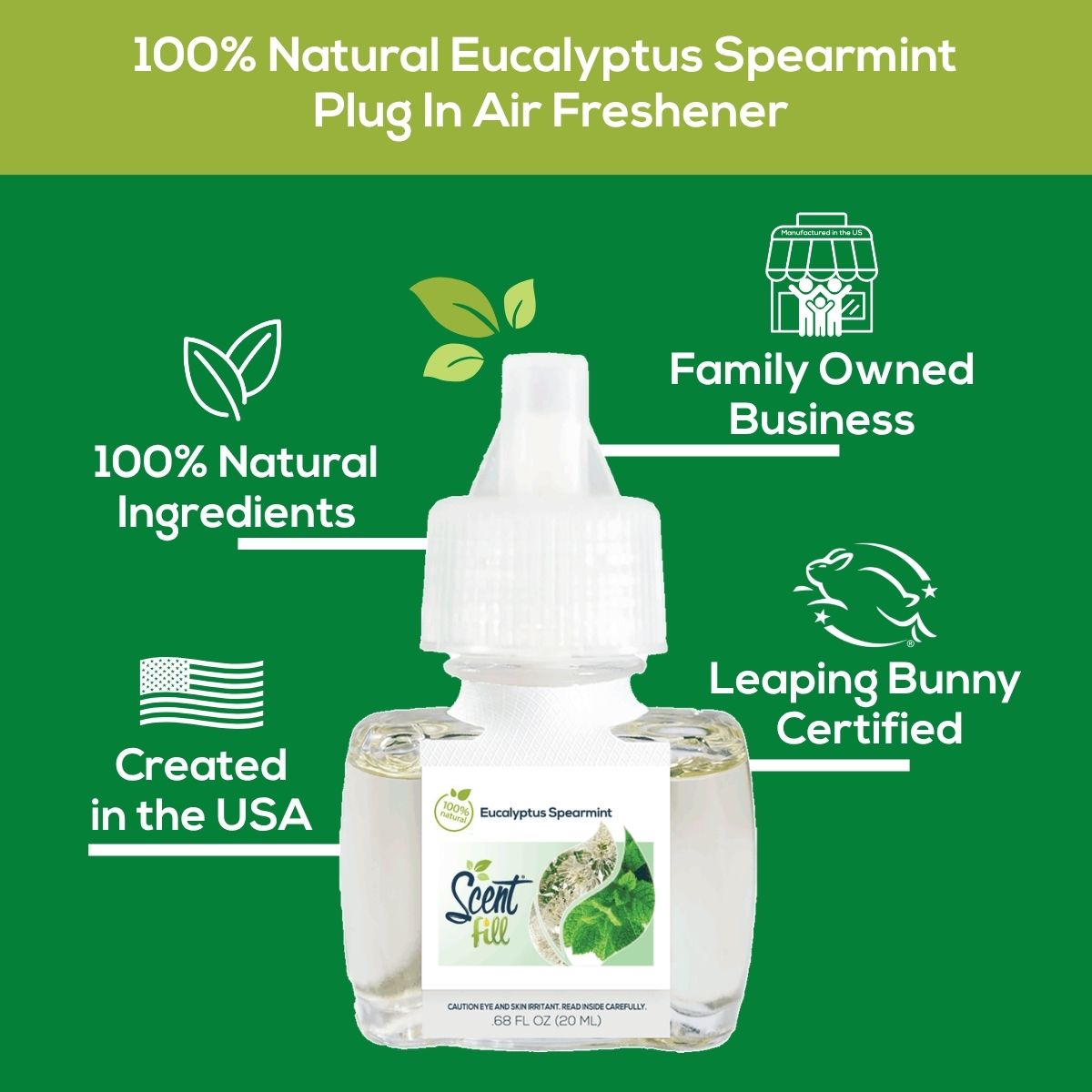 Scent Fill 100% Natural Eucalyptus Spearmint plug-in air freshener shown on a green background with callouts for natural ingredients, family-owned business, created in the USA, and Leaping Bunny certification.