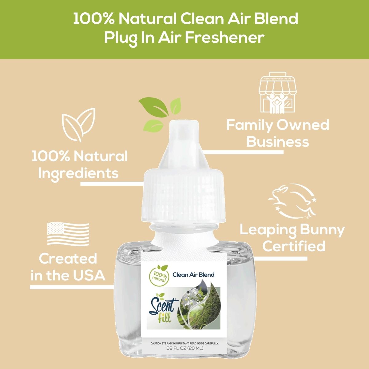 Clean Air Blend Scent Fill plug-in air freshener graphic highlighting 100% natural ingredients, family-owned business, created in the USA, and Leaping Bunny certification around the product bottle.