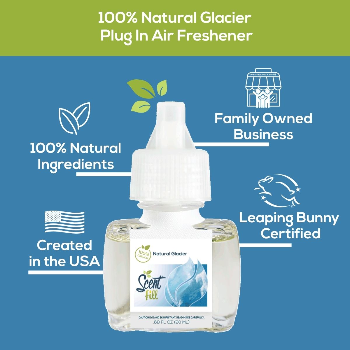 Scent Fill 100% Natural Glacier plug-in air freshener shown on a blue background with callouts for natural ingredients, family-owned business, created in the USA, and Leaping Bunny certification.