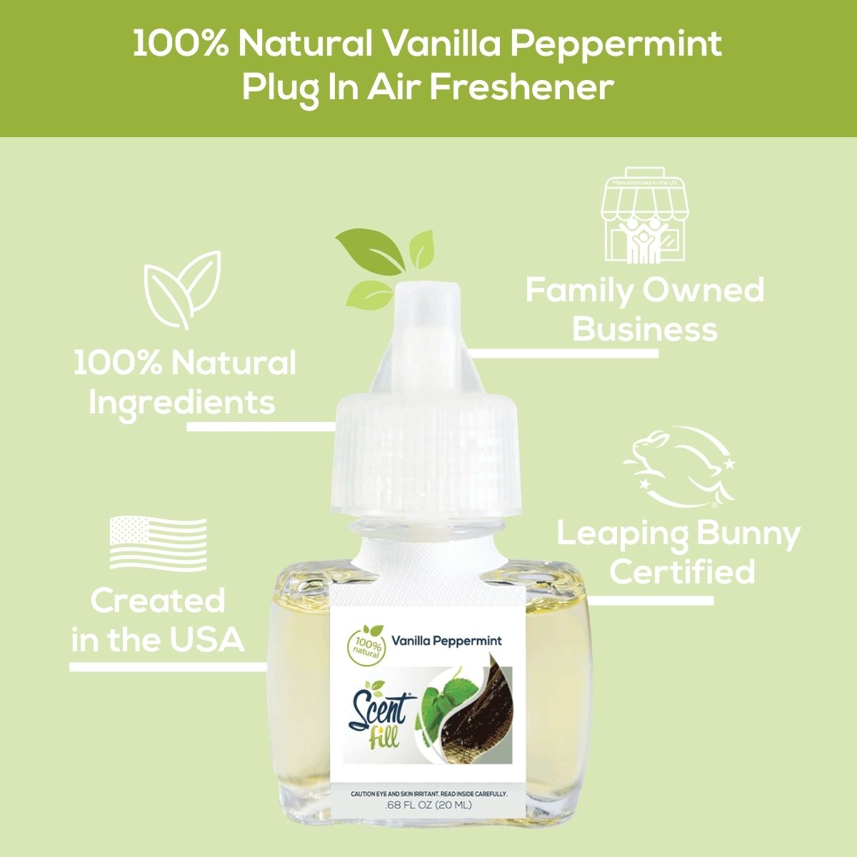 Vanilla Peppermint Scent Fill plug-in air freshener graphic highlighting 100% natural ingredients, family-owned business, created in the USA, and Leaping Bunny certification around the product bottle.