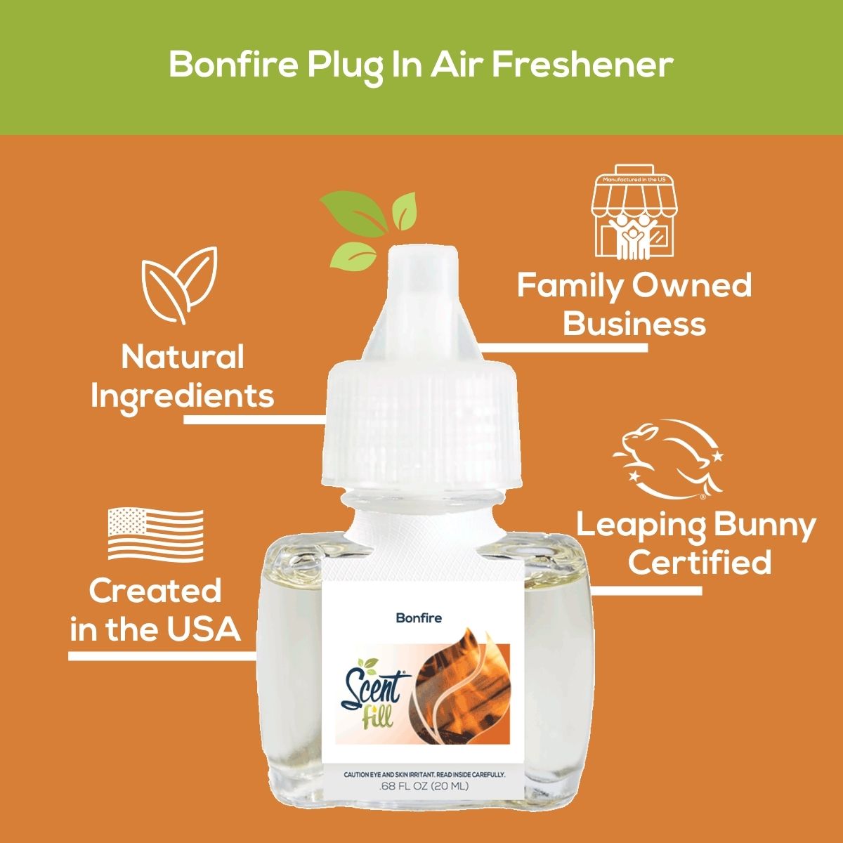 Promotional graphic for Bonfire plug-in air freshener showing the refill bottle centered on a green and warm brown background with callouts for natural ingredients, family owned business, created in the USA, and Leaping Bunny certified.