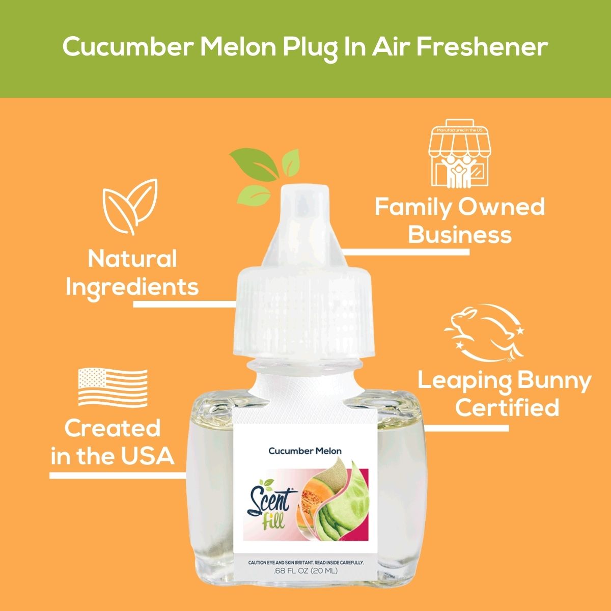 Cucumber Melon Plug-In Air Freshener refill bottle by Scent Fill, displayed against a warm orange background. The clear liquid-filled bottle features a white plug-in diffuser cap and a label showing the Scent Fill logo with an image of fresh cucumber slices and melon. A green banner at the top reads 