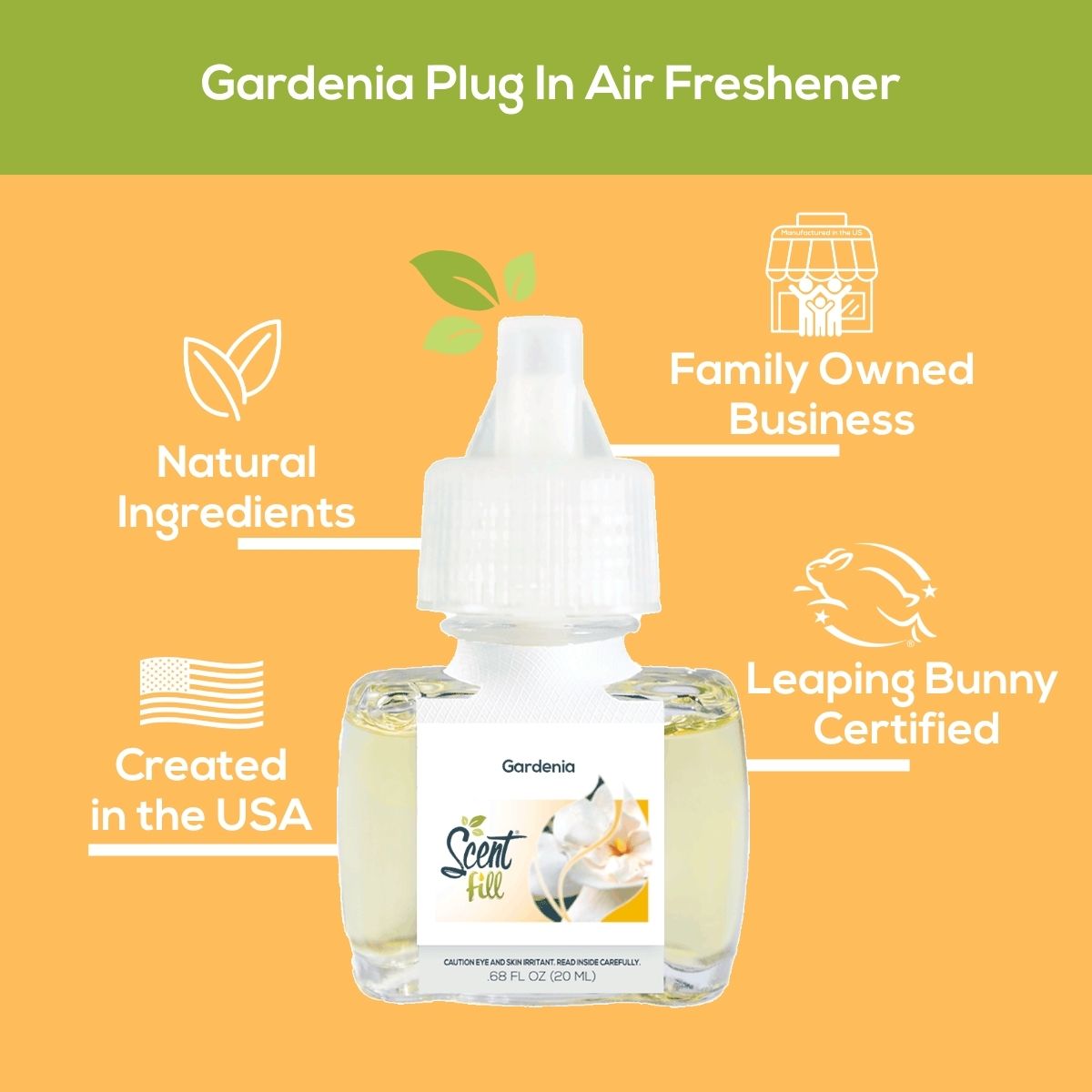 Promotional graphic for Gardenia plug-in air freshener showing the refill bottle centered on a green and soft golden background with callouts for natural ingredients, family owned business, created in the USA, and Leaping Bunny certified.