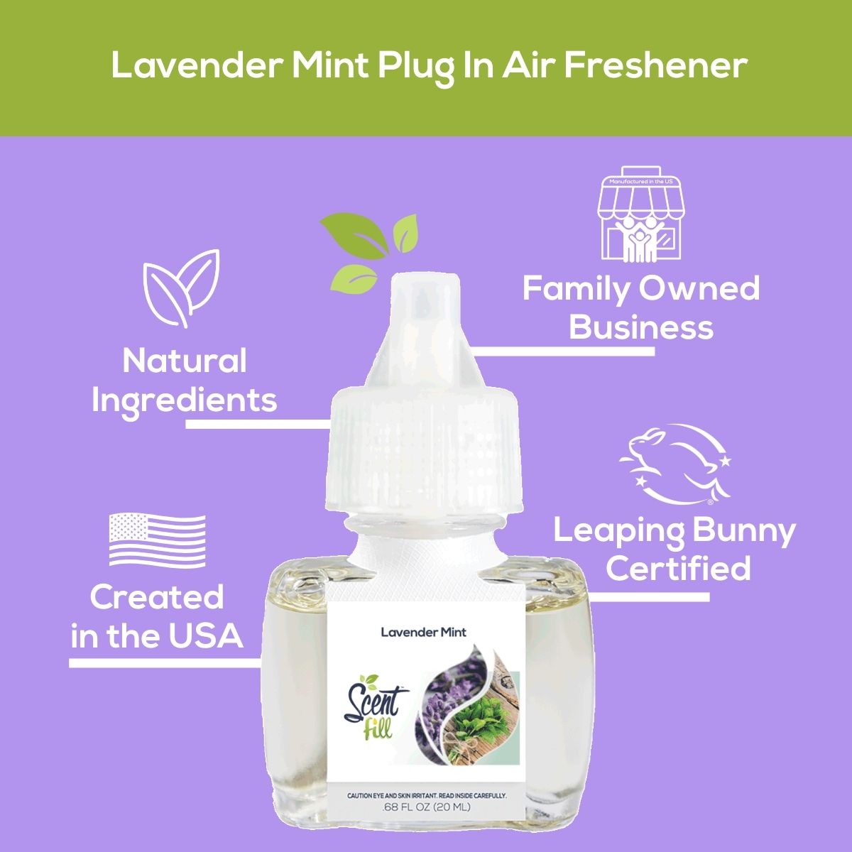 Lavender Mint Scent Fill plug-in air freshener graphic highlighting natural ingredients, family-owned business, created in the USA, and Leaping Bunny certification around the product bottle.