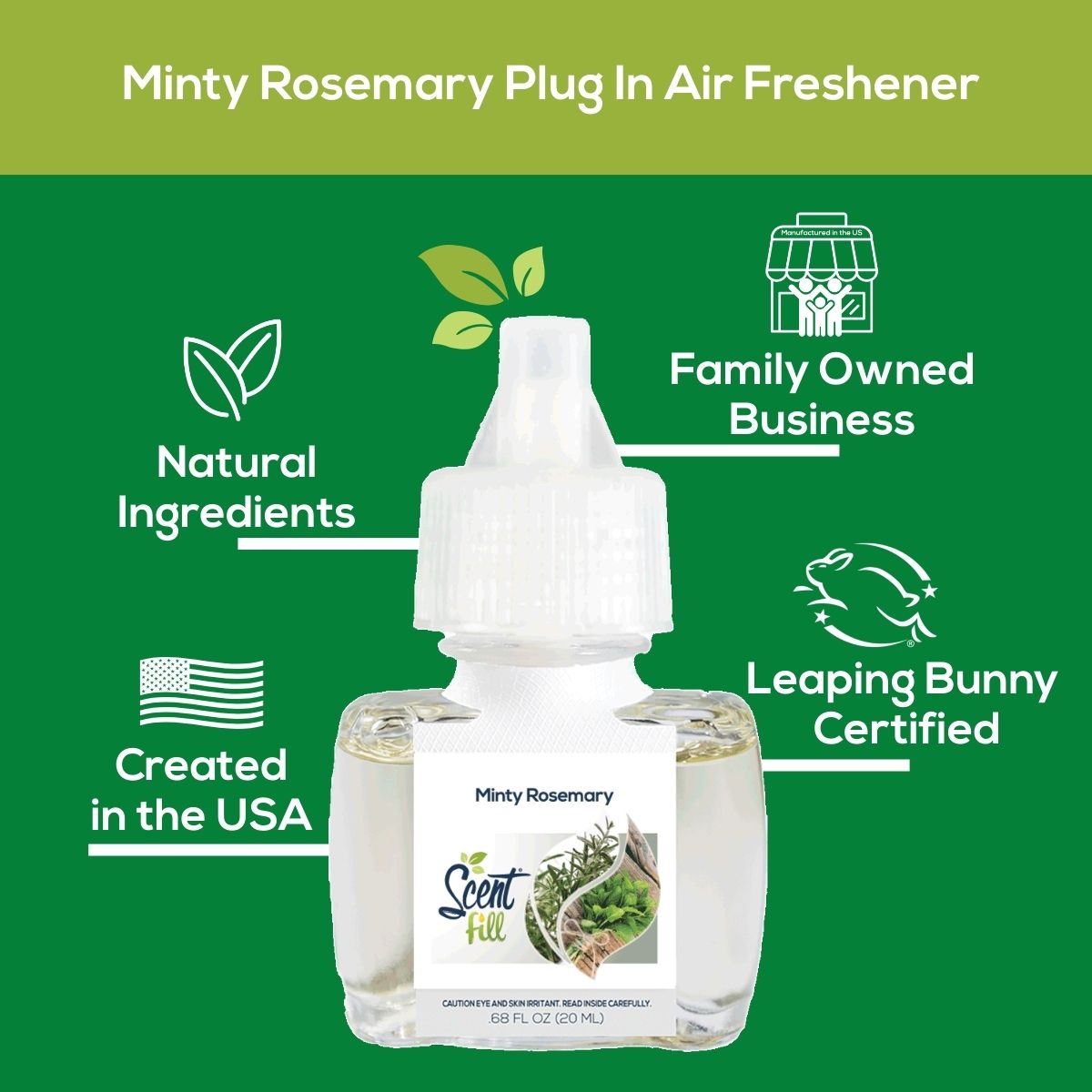 Minty Rosemary Scent Fill plug-in air freshener graphic highlighting natural ingredients, family-owned business, created in the USA, and Leaping Bunny certification around the product bottle.