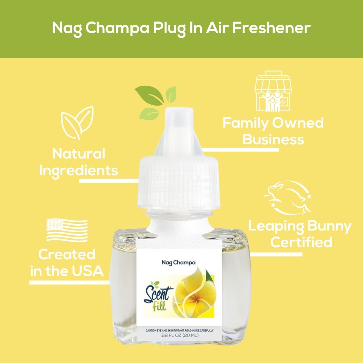 Promotional graphic for Nag Champa plug-in air freshener showing the refill bottle centered on a light yellow and green background with callouts for natural ingredients, family owned business, created in the USA, and Leaping Bunny certified.