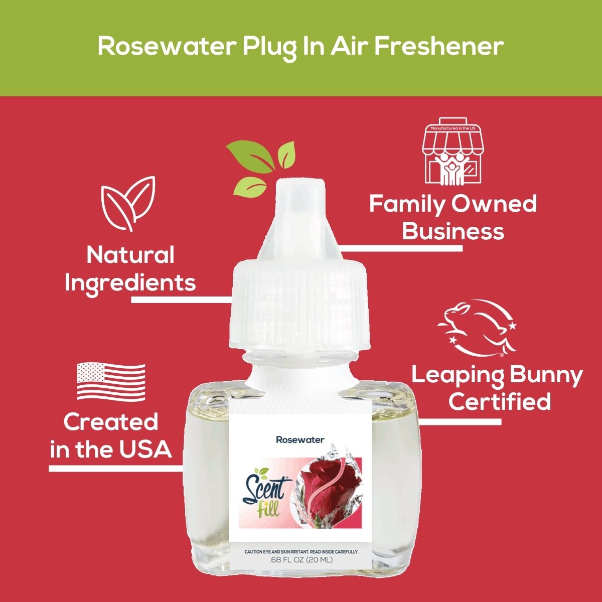 Promotional graphic for Rosewater plug-in air freshener showing the refill bottle centered on a green and rose-red background with callouts for natural ingredients, family owned business, created in the USA, and Leaping Bunny certified.