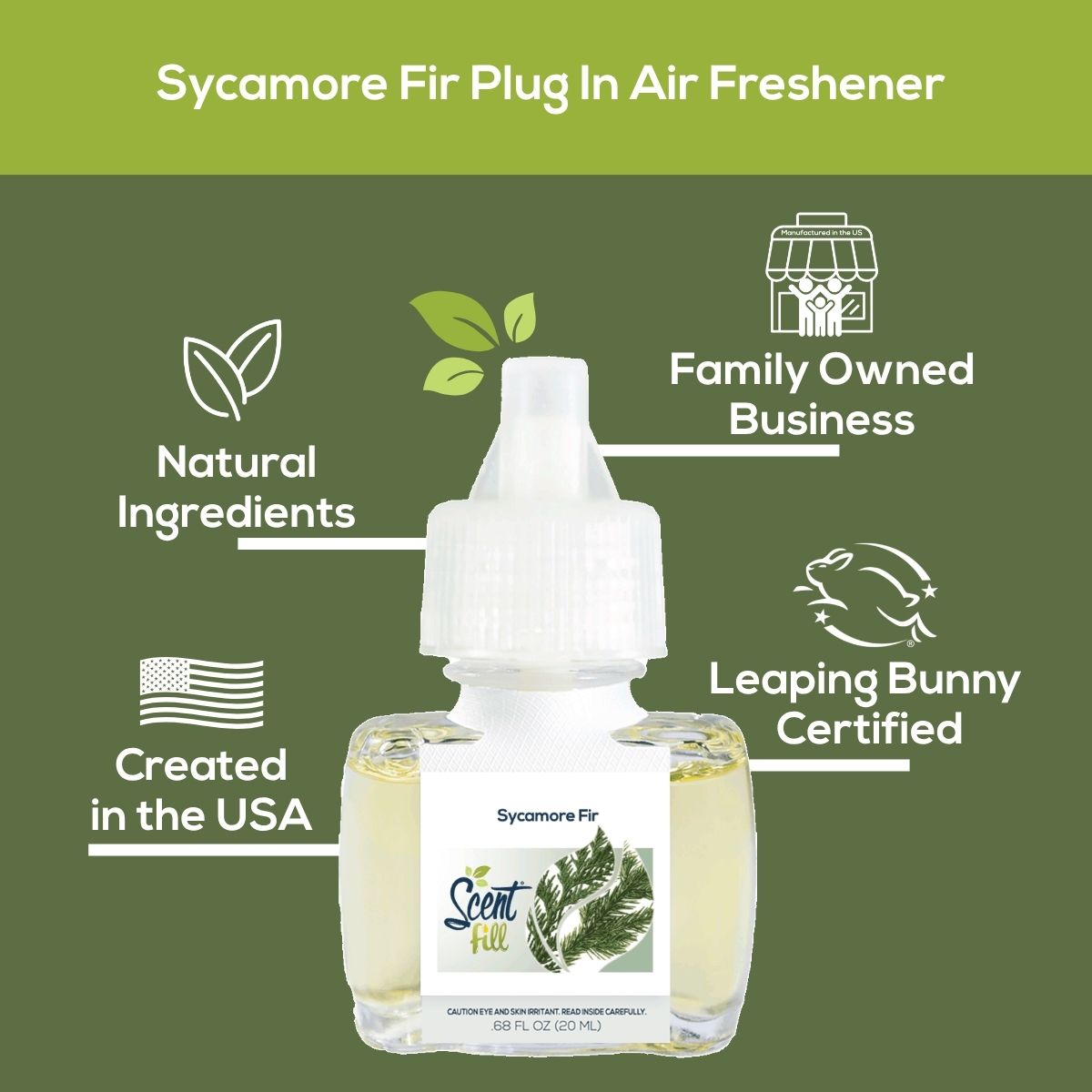 Promotional graphic for Sycamore Fir plug-in air freshener showing the refill bottle centered on a muted green background with callouts for natural ingredients, family owned business, created in the USA, and Leaping Bunny certified.