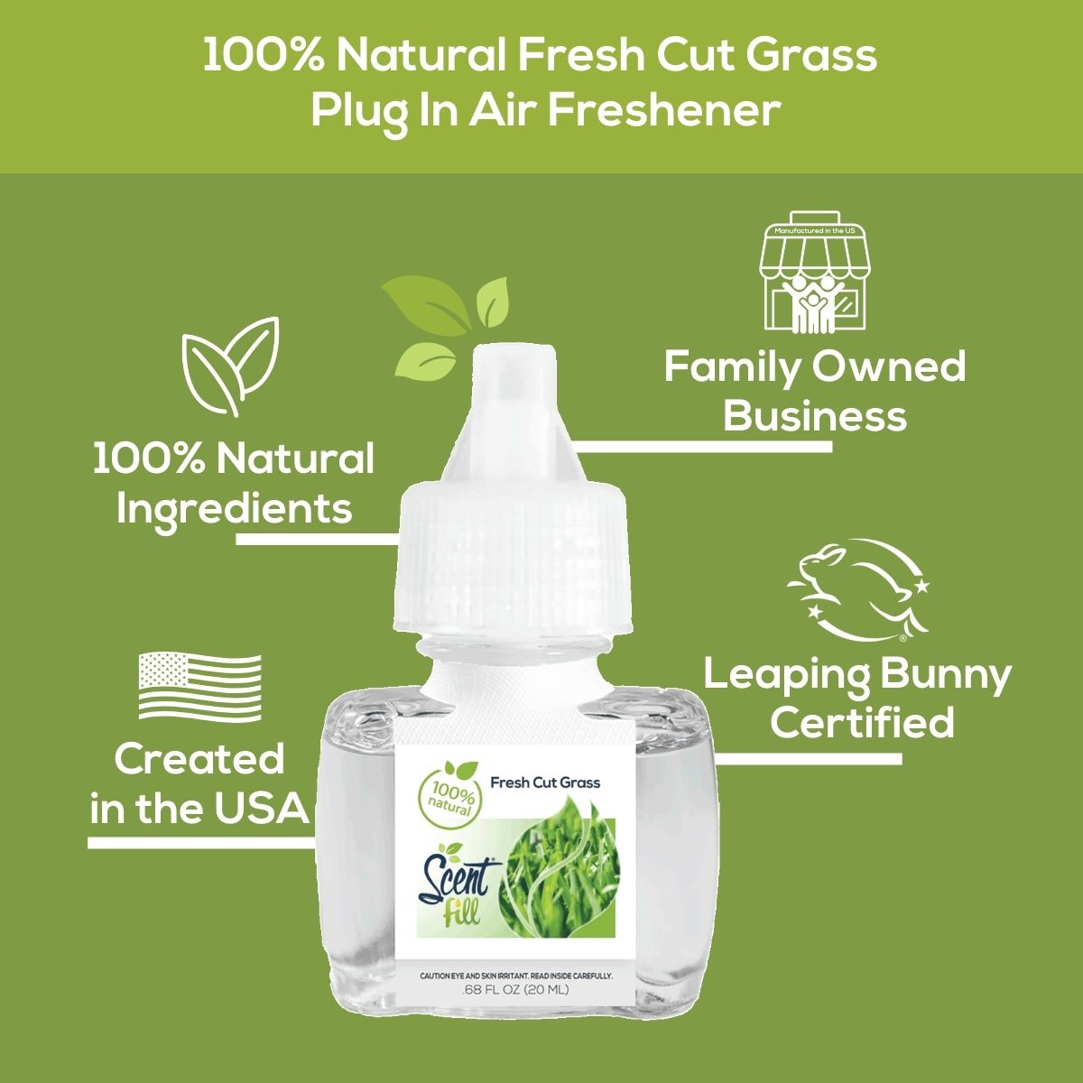 Air freshener with green background and call outs 100% natural ingredients, familly owned business, created in the USA, and Leaping Bunny Certified