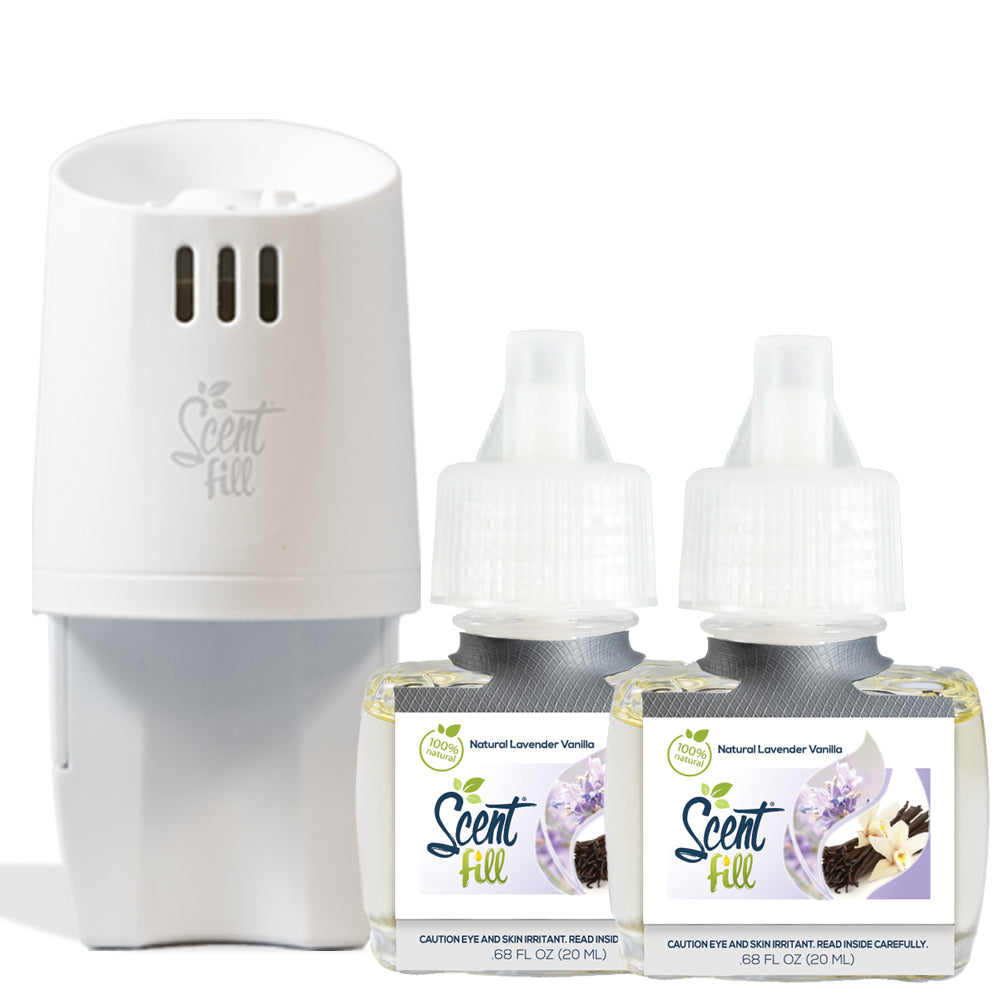 100% Natural Lavender Vanilla plug in refill starter kit. 2 refills and a diffuser.