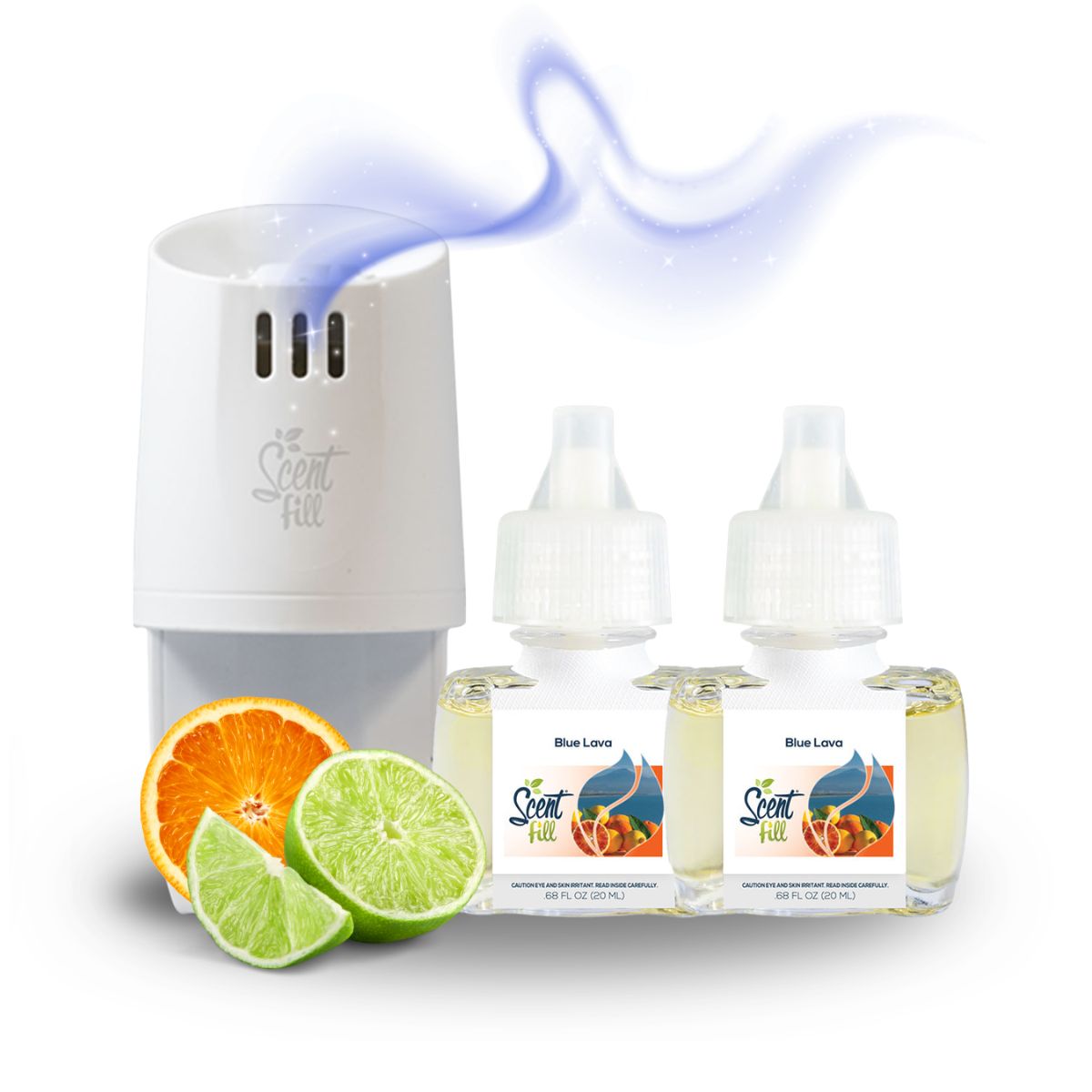 Scent Fill diffuser with two refills and citrus fruits on a white background