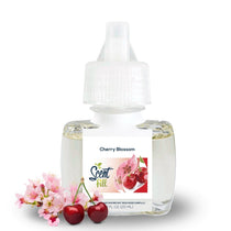 Scent Fill Cherry Blossom plug-in air freshener bottle shown with pink cherry blossoms and red cherries on a white background.