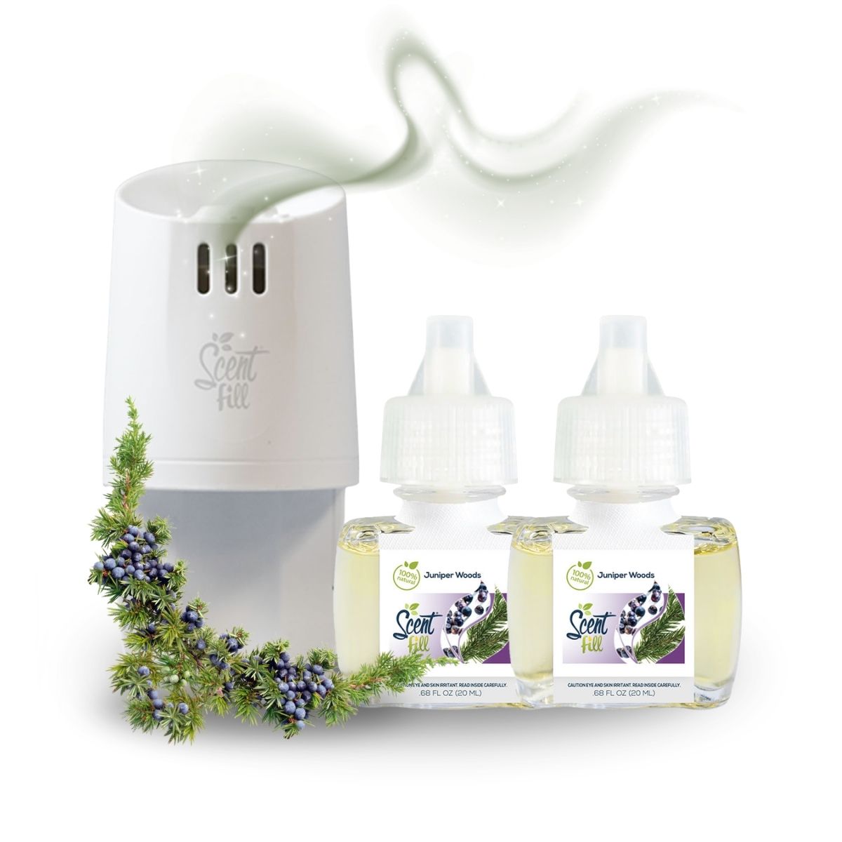 White Scent Fill plug-in diffuser releasing a soft green fragrance mist beside two Juniper Woods refill bottles, with a juniper branch and blue berries on a light background.