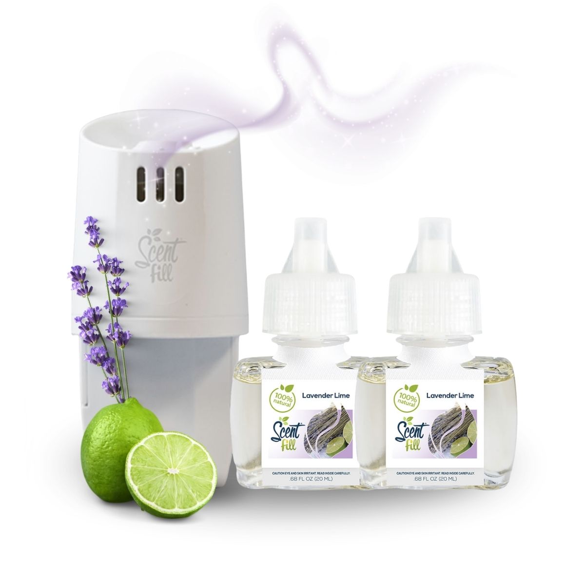 Scent Fill plug-in diffuser with two Lavender Lime refill bottles displayed beside lavender sprigs and fresh lime, with a soft lavender scent trail rising above.