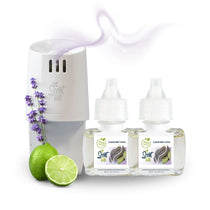 Scent Fill plug-in diffuser with two Lavender Lime refill bottles displayed beside lavender sprigs and fresh lime, with a soft lavender scent trail rising above.