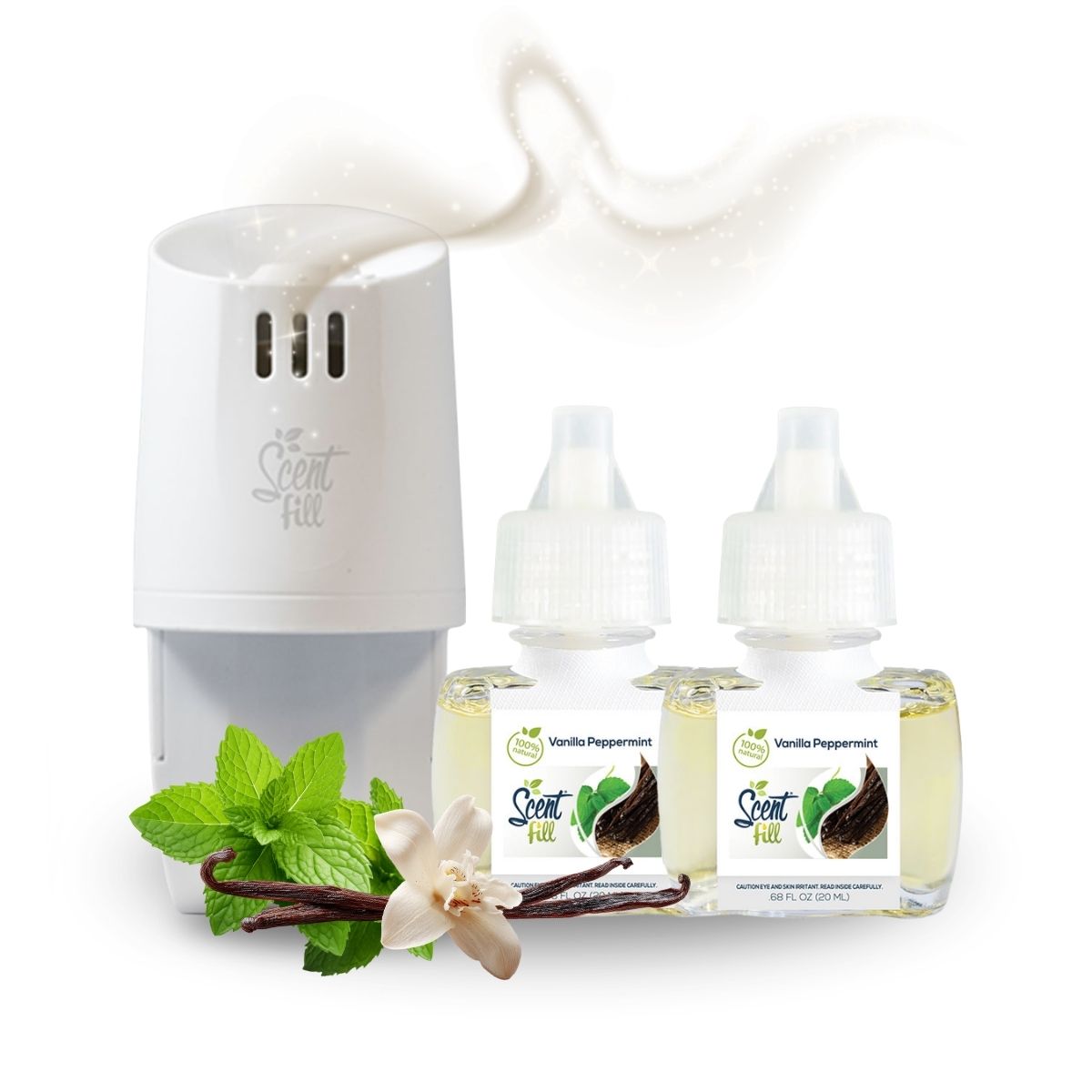 White Scent Fill plug-in diffuser releasing a soft white fragrance mist beside two Vanilla Peppermint refill bottles, with fresh mint leaves, vanilla beans, and a white vanilla flower on a light background.