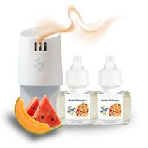 Scent Fill plug-in diffuser with two Amber Muskmelon refill bottles displayed beside fresh cantaloupe and watermelon slices, with a soft warm scent trail rising above.