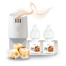 Scent Fill plug-in diffuser with two Bonfire fragrance refill bottles on a white background, paired with toasted marshmallows, with a warm smoky scent trail rising above the diffuser.