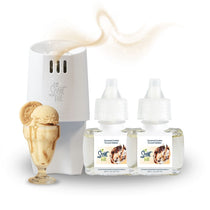 Scent Fill plug-in diffuser with two Caramel Cookie Crunch Gelato refill bottles displayed beside a caramel-drizzled gelato dessert, with a soft sweet scent trail rising above.