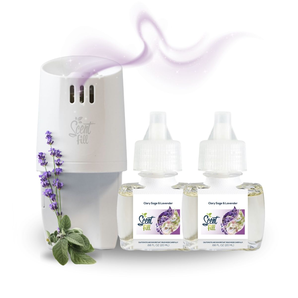 Scent Fill Clary Sage & Lavender plug-in air freshener warmer with two refill bottles, shown with lavender, sage leaves, and a soft fragrance swirl on a white background.
