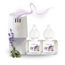 Scent Fill Clary Sage & Lavender plug-in air freshener warmer with two refill bottles, shown with lavender, sage leaves, and a soft fragrance swirl on a white background.