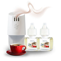 White plug-in diffuser with two Coffee House refill bottles, styled with a red cup of coffee and a soft brown scent wave drifting above.
