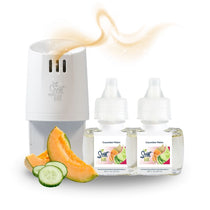 Scent Fill Cucumber Melon plug-in air freshener set on a white background, featuring a white Scent Fill diffuser unit with a blue indicator light emitting illustrated scent waves, two Cucumber Melon refill bottles (0.68 fl oz / 20ml each) displayed side by side in front of the unit, and fresh cantaloupe melon wedges and cucumber slices arranged to the left to represent the fragrance.