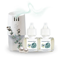 Scent Fill Freshwater & Pearls plug-in air freshener refill bottles with a white diffuser, eucalyptus leaves, and pearl accents.