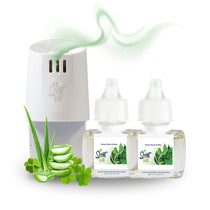 Scent Fill plug-in diffuser with two Green Clover & Aloe fragrance refill bottles, aloe slices, and clover leaves, with a soft green scent trail above the diffuser.