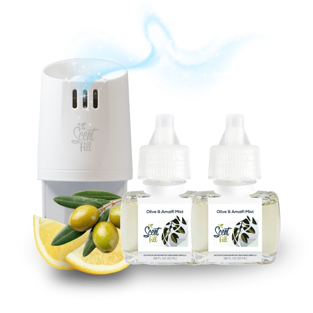Scent Fill Olive & Amalfi Mist plug-in air freshener warmer with two refill bottles, shown with olives, lemon slices, and a soft fragrance swirl on a white background.