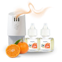 Scent Fill plug-in diffuser with two Orange Slice fragrance refill bottles on a white background, paired with a whole orange and a sliced orange, with a warm citrus scent trail rising above the diffuser.