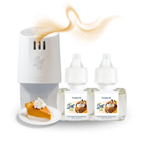 Scent Fill plug-in diffuser with two Pumpkin Pie fragrance refill bottles and a slice of pumpkin pie topped with whipped cream, with a soft golden scent trail above the diffuser.