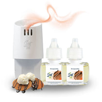 White plug-in diffuser with two Stroopwafels refill bottles, styled with stroopwafels topped with vanilla ice cream and a soft orange scent wave drifting above.