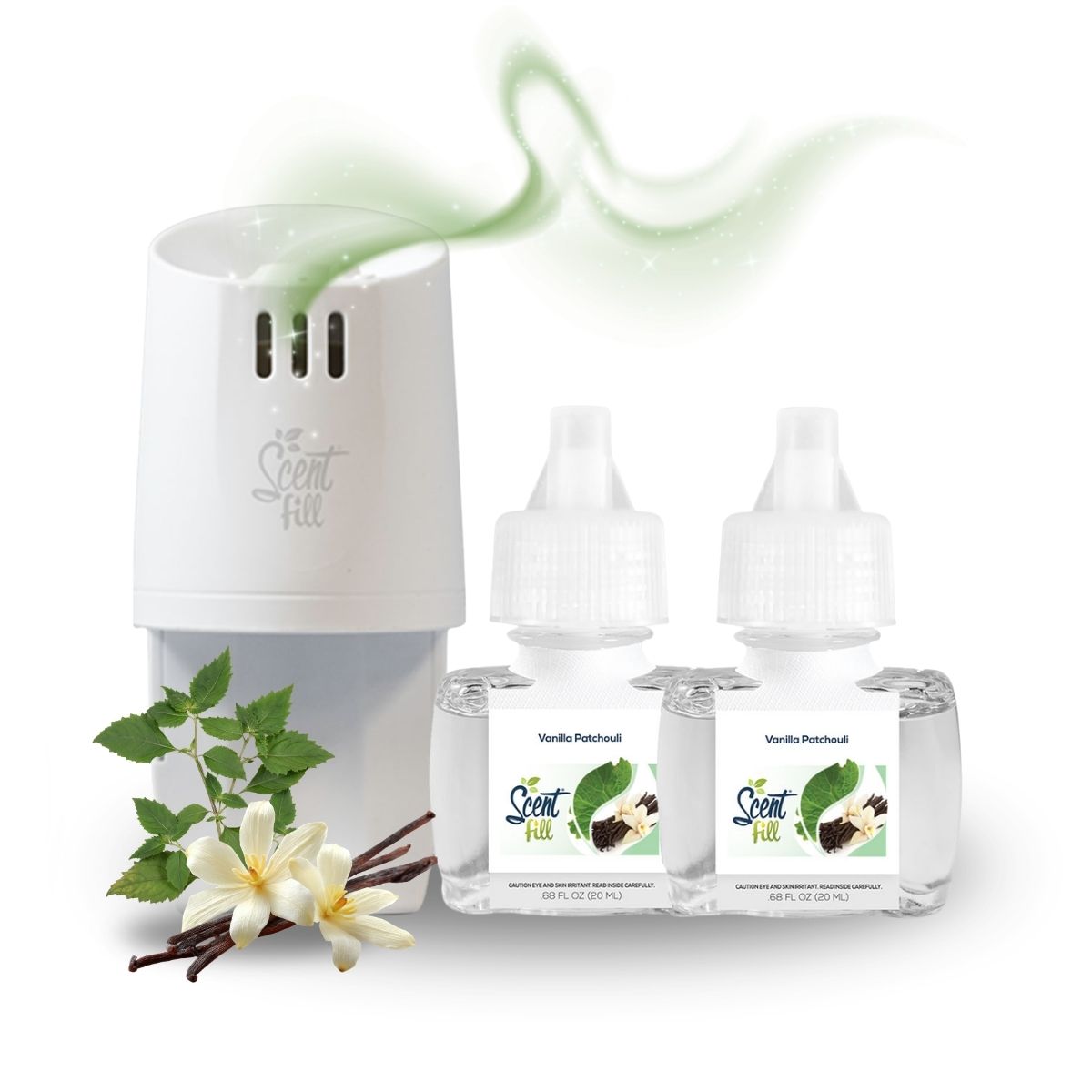Scent Fill plug-in diffuser with two Vanilla Patchouli fragrance refill bottles, vanilla flowers, vanilla beans, and patchouli leaves, with a soft green scent trail above the diffuser.