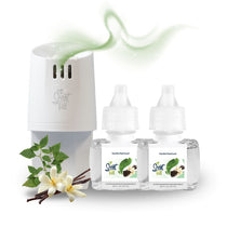 Scent Fill plug-in diffuser with two Vanilla Patchouli fragrance refill bottles, vanilla flowers, vanilla beans, and patchouli leaves, with a soft green scent trail above the diffuser.