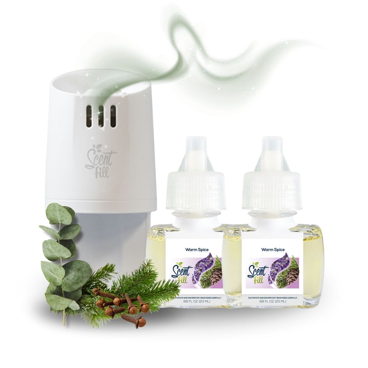 White plug-in diffuser with two Warm Spice fragrance refills displayed beside it, styled with eucalyptus, evergreen sprigs, and cloves, with a soft green scent wave rising above.