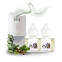 White plug-in diffuser with two Warm Spice fragrance refills displayed beside it, styled with eucalyptus, evergreen sprigs, and cloves, with a soft green scent wave rising above.