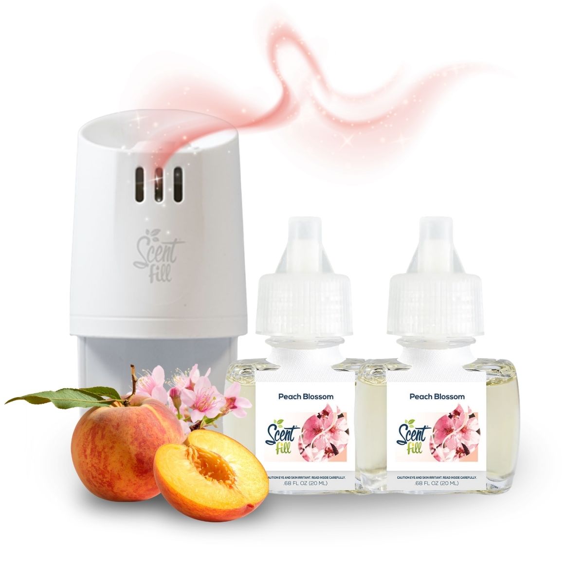 Scent Fill Peach Blossom plug-in air freshener warmer with two refill bottles, shown with fresh peaches, pink blossoms, and a soft fragrance swirl on a white background.