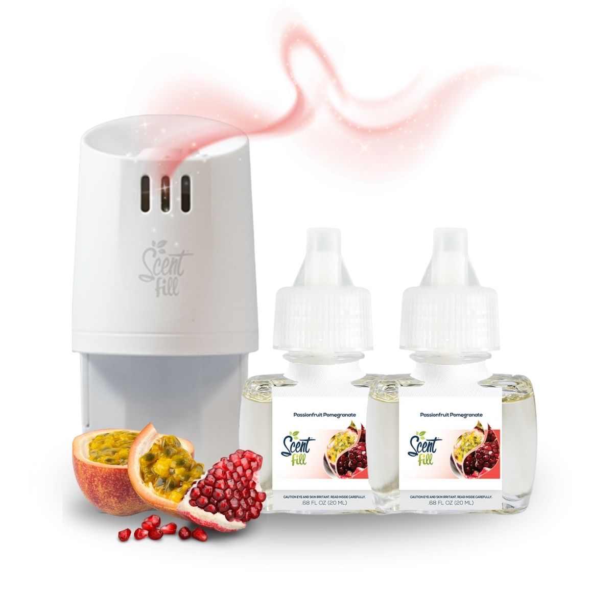 Scent Fill Passionfruit Pomegranate plug-in air freshener refill bottle with pale liquid, white cap, and passionfruit halves with pomegranate seeds on a light background.