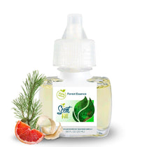 Scent Fill Forest Essence plug-in air freshener refill bottle with pale liquid, white cap with blue indicator dot, and pine needles, grapefruit slices, and curled wood shavings on a light background.