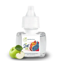 Scent Fill Apple Blue Clover fragrance refill bottle on a white background with a whole green apple and a sliced apple placed in front.