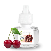 Scent Fill Cherry Almond Twist plug-in air freshener refill bottle with pale liquid, white cap and two red cherries on a light background.