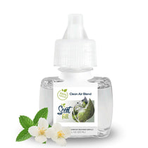 Scent Fill Clean Air Blend plug-in air freshener refill bottle with clear liquid, white cap, and white jasmine flowers with green mint leaves on a light background.